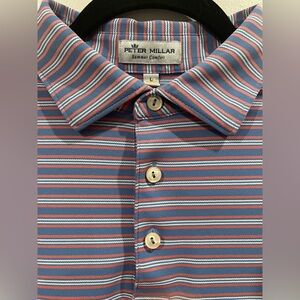 Peter Millar Summer Comfort Mens Large Blue/Coral Striped Performance Polo Shirt